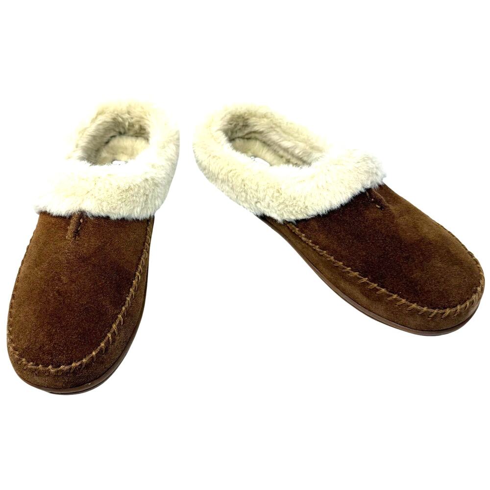Clarks Size 8 Leather Slippers Slip On Comfort Shoes Brown Fuzzy Lined Clogs - Picture 8 of 8